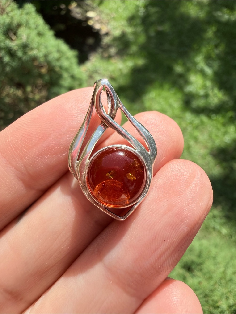 Sterling Silver Amber Cabochon Pendant — Warm Honey Orange